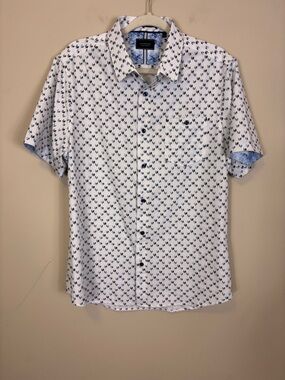 7 Diamonds Men’s White Short-Sleeve Button-Up with Navy Micro Print Large